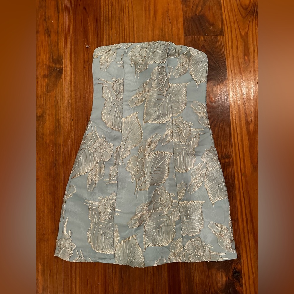 Elegant Strapless Blue and Silver Floral Dress